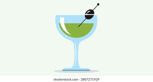 Flat martini cocktail illustration featuring elegant glass with olive garnish, refreshing beverage concept, isolated vector graphic for bars, restaurants, celebrations, hospitality, and drink menu designs.