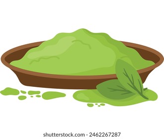 Flat Matcha Green Tea Powder in a bowl food and drink ingredient drawing doodle cartoon drawing. Traditional Japanese Herb isolated on white background vector design