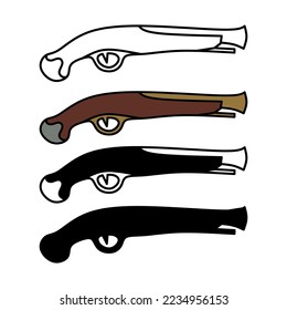 Flat matchlock pistol gun icon set collection. Isolated on white. Weapon, gun, bullet, tool, pistol, shotgun, matchlock, fintlock, vector illustration