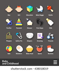 Flat material design icons set - baby and childhood