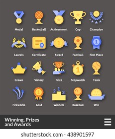 Flat material design icons set - winning, prizes and awards