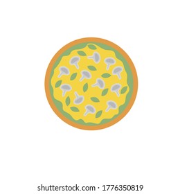 Diseño de material plano aislado en blanco. Pizza con salsa verde, queso, champiñones y albahaca. pizza vegetariana. Ilustración vectorial.