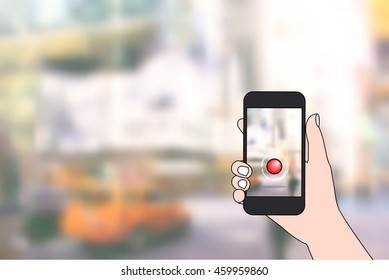 Flat / Material design vector, illustration hand holding smart phone with virtual reality game screen  Location at city street with blurred background. For your project design.