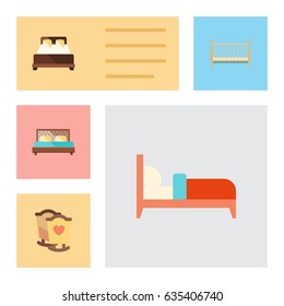 Flat Mattress Set Of Bearings, Cot, Crib And Other Vector Objects. Also Includes Child, Bed, Mattress Elements.