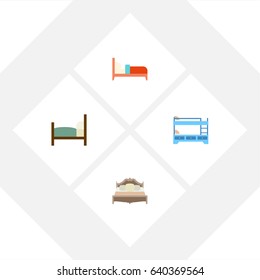 Flat Mattress Set Of Bed, Bedroom, Bunk Bed And Other Vector Objects. Also Includes Hostel, Bedroom, Bed Elements.