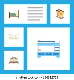 Flat Mattress Set Of Bed, Bunk Bed, Cot And Other Vector Objects. Also Includes Cot, Bedroom, Hostel Elements.