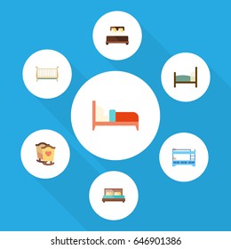 Flat Mattress Set Of Bed, Crib, Cot And Other Vector Objects. Also Includes Crib, Bed, Double Elements.