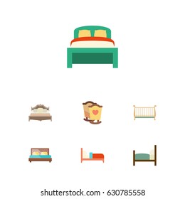 Flat Mattress Set Of Bedroom, Cot, Bearings And Other Vector Objects. Also Includes Bedding, Hostel, Crib Elements.