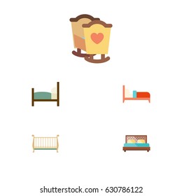 Flat Mattress Set Of Cot, Crib, Hostel And Other Vector Objects. Also Includes Hostel, Crib, Mattress Elements.