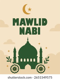 Ilustração plana Maulid Nabi com mesquita, lua crescente e caligrafia árabe para celebração islâmica, cartão de saudação religiosa, cartaz do evento e banner digital