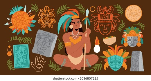 Flat maya civilization big set with male warrior holding spear masks stone idols leaves isolated on brown background vector illustration