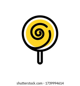 Flat MBE style black gold sweet dessert icon, lovely yellow orange sugar candy item, adorable product illustration for snack shop and confectionary logo, a stick of round lollipop