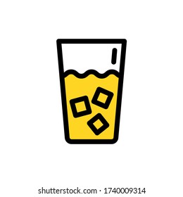 Flat MBE style black gold drink icon, lovely yellow orange cold beverage item, adorable product illustration for cafe, teahouse and liquor bar logo, a glass cup of tea, coffee or juice with ice cube