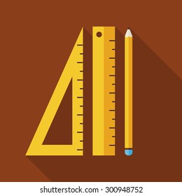 Flat Measure Drawing Instruments Illustration with long Shadow. Back to School and Education Vector Illustration. Office Supply and Drawing Measurement Tool Object. Ruler and Pencil 