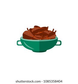 Flat meat steaks in green poticon. Grilled beef, bbq lamb food, beer snacks. Vector roasted objects design. Isolated illustration.