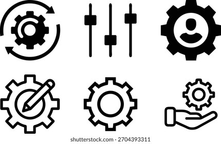 Ícones mecânicos planos de engrenagens, configurações, configuração e controles deslizantes simbolizando o controle do processo, trabalho em equipe, produtividade e excelência de engenharia. 