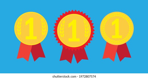 Flat medal first place. Championship trophy. Square design. Sport award. Winner award. Stock image. Vector illustration. EPS 10.