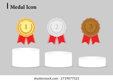Flat medal icon set with gold, silver and bronze awards on podium, perfect for ranking, achievement, winner and competition design.