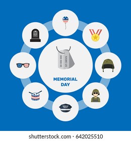 Flat Medallion, Hat, Decoration And Other Vector Elements. Set Of History Flat Symbols Also Includes Mom, Usa, Rip Objects.