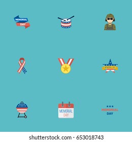 Flat Medallion, Ribbon, Barbecue And Other Vector Elements. Set Of History Flat Symbols Also Includes Awareness, Medal, Usa Objects.