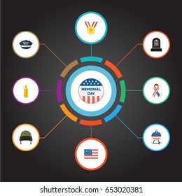 Flat Medallion, Tomb, Hat And Other Vector Elements. Set Of History Flat Symbols Also Includes Barbecue, Grave, Candle Objects.