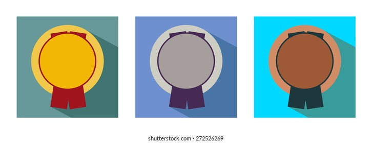 Flat medals icons - gold, silver and bronze valuation on the blue background with shadow - Best three awards .