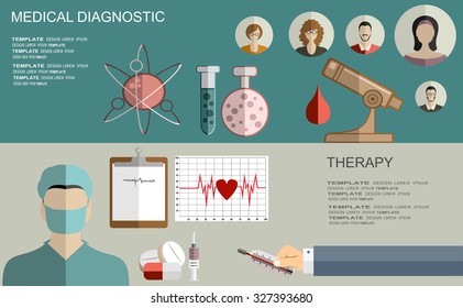 Flat medical background. First aid and diagnostic. Medical research and therapy. 