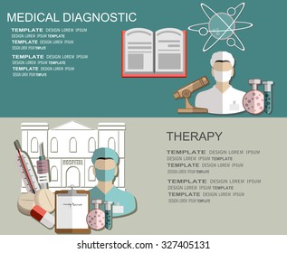 Flat medical background. First aid and diagnostic. Medical research and therapy. 