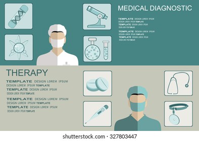 Flat medical background. First aid and diagnostic. Medical research and therapy.