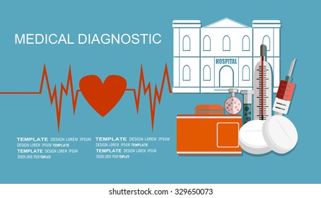 Flat medical background. First aid and diagnostic. Medical research and therapy.