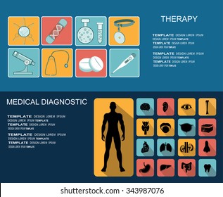 Flat medical background. First aid and diagnostic. Medical research and therapy.