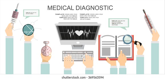 Flat medical background. First aid and diagnostic. Medical research and therapy.