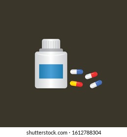 Flat medical bottles and colored pills.
Medical cure and flat medicament and vitamin vector illustration, isolated on background