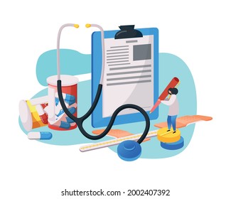 Flat medical center composition with medicine and medical supplies vector illustration