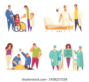 Flat medical design concept set with nursing home reanimation fluorography rehabilitation descriptions vector illustration