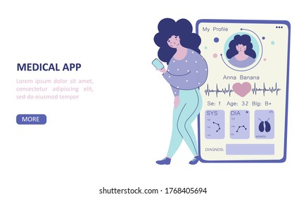 Aplicación móvil de diagnóstico médico plano para el diseño de dispositivos, banner web de dibujos animados, página web.