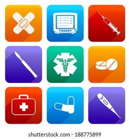 Flat medical emergency first aid care icons set with capsule sticking plaster scalpel isolated vector illustration