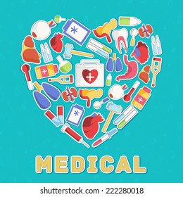 flat medical equipment set in shape heart icons concept background. vector illustration design