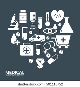 flat medical equipment set in shape heart icons concept background. vector illustration design for web and mobile template