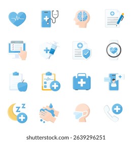 Flat medical and health icons for digital health, wellness, and healthcare.