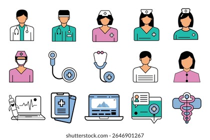 Flat medical and healthcare vector icon set. Doctors, nurses, stethoscope, reports, and digital health elements