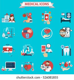 Flat medical icons concept set of medical supplies, healthcare diagnosis and treatment, laboratory tests, medicines and equipment. Vector concept for graphic and web design.