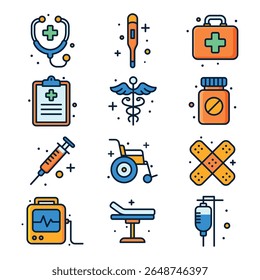 Flat medical icons set featuring tools, symbols, and equipment for healthcare and hospital use