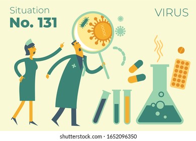 Flat medical illustration the epidemic: a doctor and a nurse looking at the virus through a magnifying glass, medicines, tablets, pills, tests, flask. Doctors found a virus in the tests