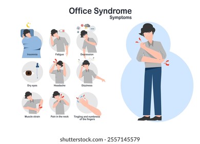 Flat medical illustration of office syndrome symptoms. Young working man with office syndrome symptoms such as insomnia,headache,dizziness,stress,muscle pain,neck pain, dry eyes.