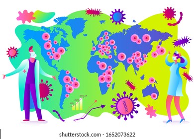 Flat medical illustration on the theme of the epidemic: a doctor and a nurse holding their heads, looking at the map of the world with the centers of the epidemic.