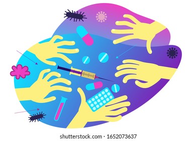 Flat medical illustration on the theme of the epidemic: hands reaching for drugs, syringe, tablets.