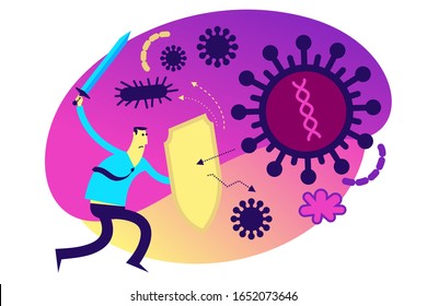 Flat medical illustration on the theme of the epidemic: a man with a shield and a sword protects the body from a viral disease. Immune system.