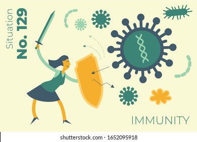Flat medical illustration on the theme of the epidemic: a woman with a shield and a sword protects the body from a viral disease. Immune system.