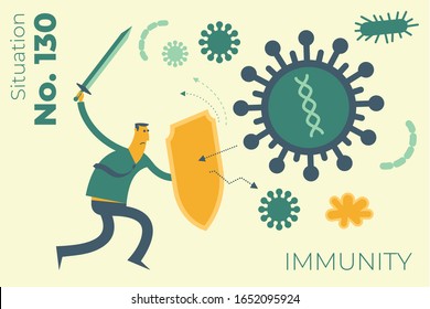 Flat medical illustration on the theme of the epidemic: a man with a shield and a sword protects the body from a viral disease. Immune system.